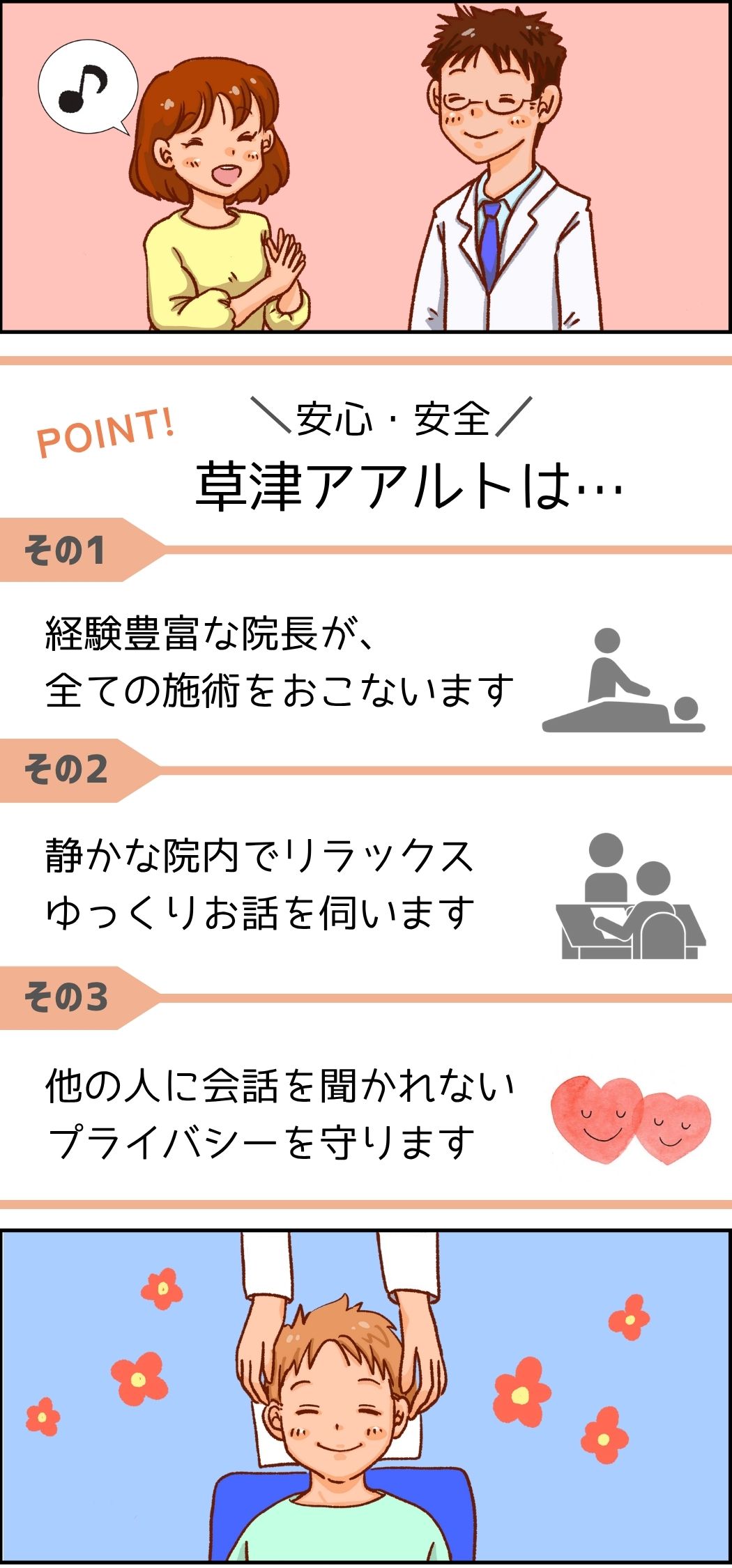 安心・安全、草津アアルト整体院は…。その1、経験豊富な院長が全ての施術をおこないます。その2、静かな院内でリラックス、ゆっくりお話を伺います。その3、他の人に会話を聞かれない、
プライバシーを守ります。